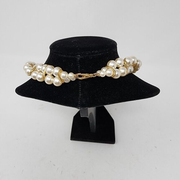 Vintage Twisted Two Strand  Faux Pearl Gold Tone Metal Accents Women's Necklace - Picture 3 of 12